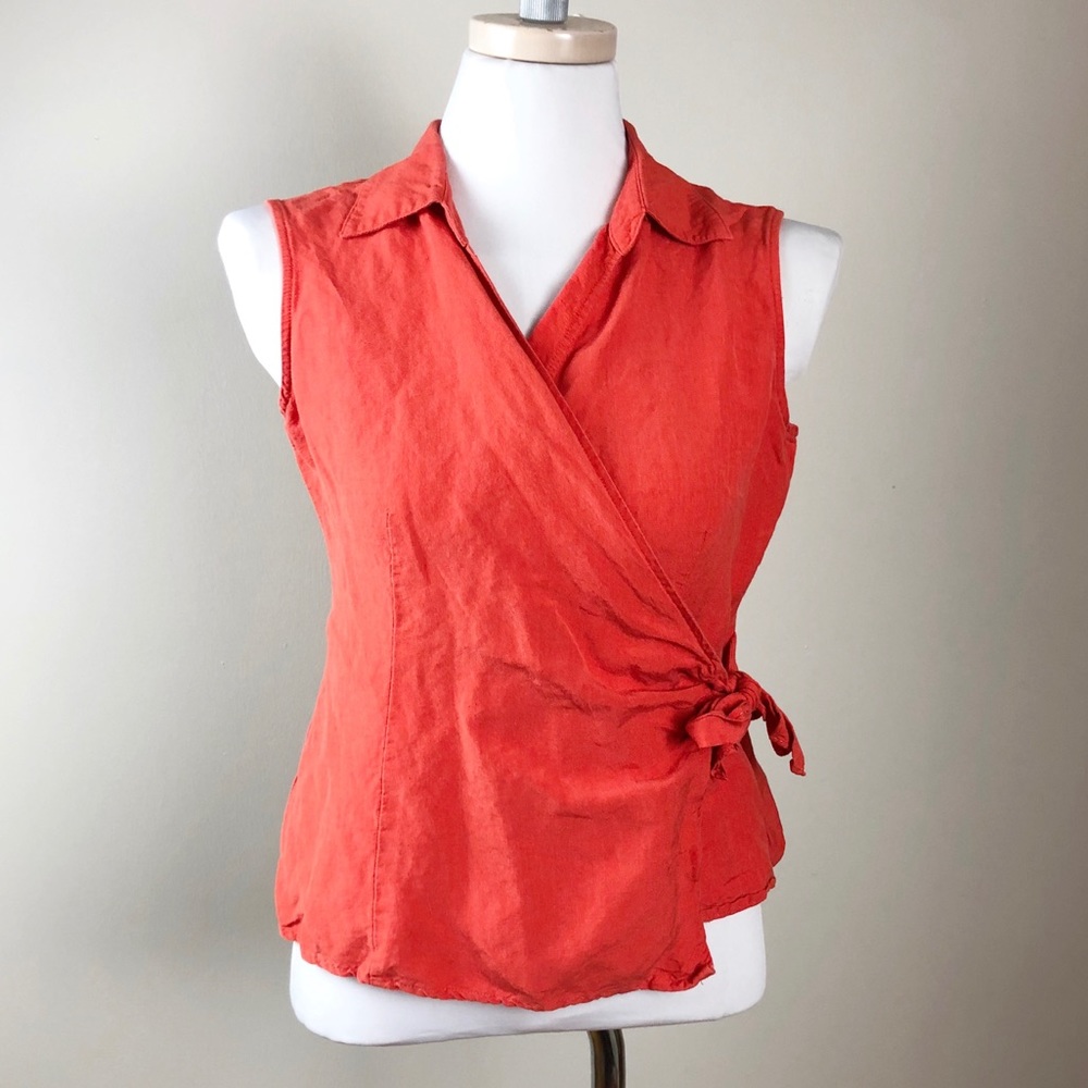 Vintage Linen Blend Sleeveless Wrap Top